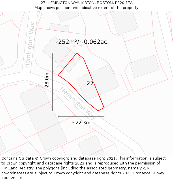 27, HEMINGTON WAY, KIRTON, BOSTON, PE20 1EA: Plot and title map