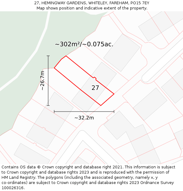 27, HEMINGWAY GARDENS, WHITELEY, FAREHAM, PO15 7EY: Plot and title map