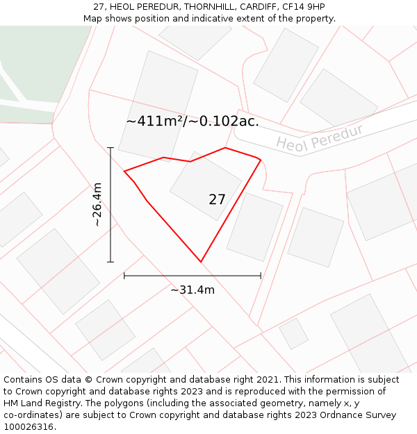 27, HEOL PEREDUR, THORNHILL, CARDIFF, CF14 9HP: Plot and title map