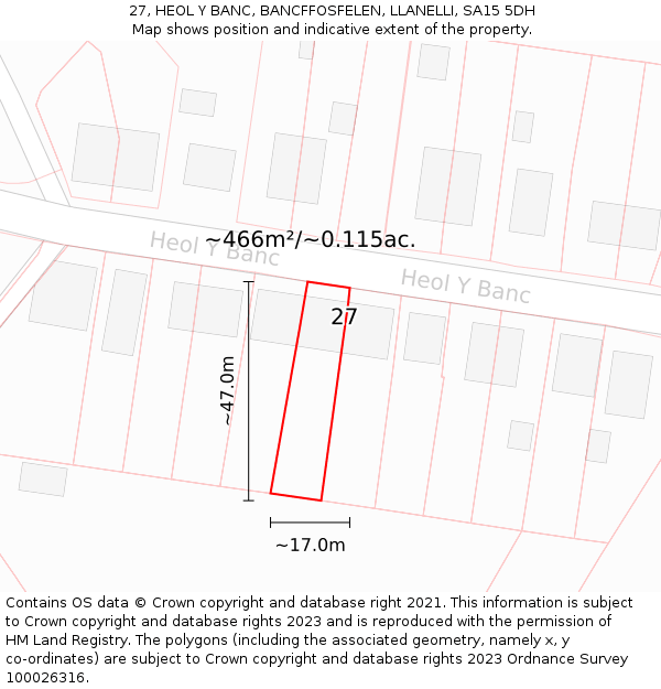 27, HEOL Y BANC, BANCFFOSFELEN, LLANELLI, SA15 5DH: Plot and title map