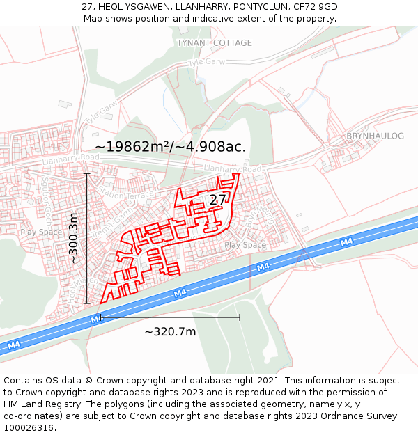 27, HEOL YSGAWEN, LLANHARRY, PONTYCLUN, CF72 9GD: Plot and title map