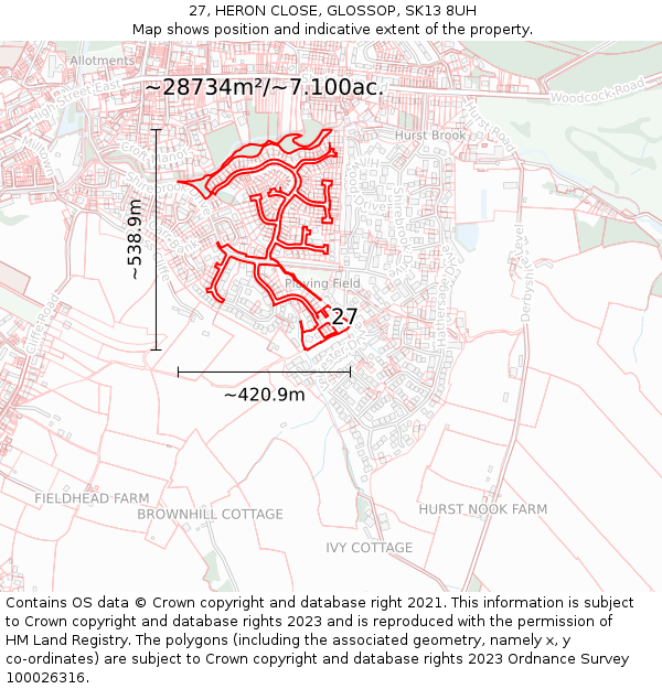 27, HERON CLOSE, GLOSSOP, SK13 8UH: Plot and title map