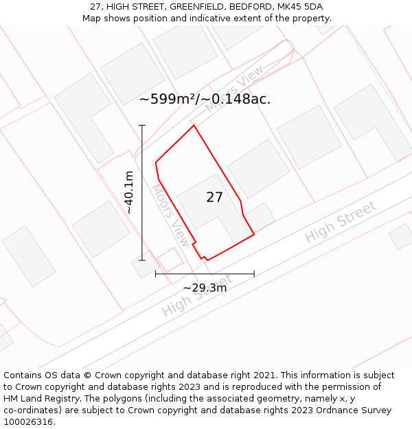 27, HIGH STREET, GREENFIELD, BEDFORD, MK45 5DA: Plot and title map