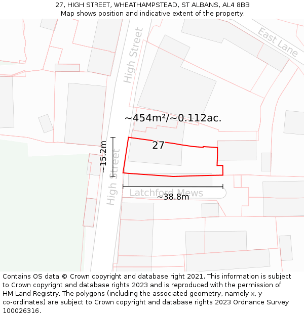 27, HIGH STREET, WHEATHAMPSTEAD, ST ALBANS, AL4 8BB: Plot and title map