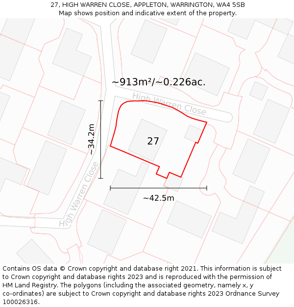 27, HIGH WARREN CLOSE, APPLETON, WARRINGTON, WA4 5SB: Plot and title map