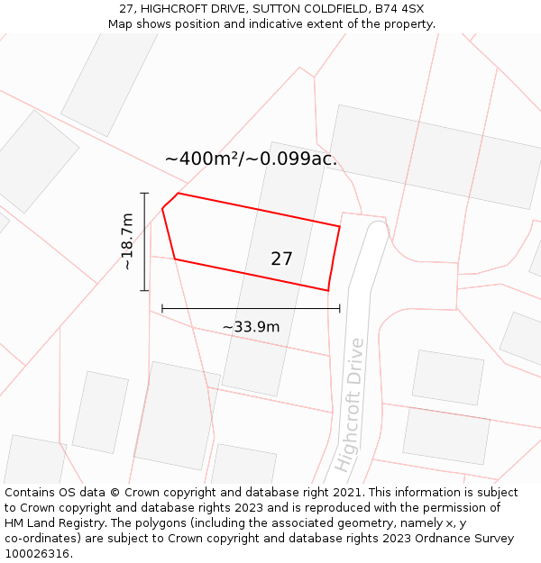 27, HIGHCROFT DRIVE, SUTTON COLDFIELD, B74 4SX: Plot and title map