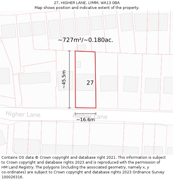 27, HIGHER LANE, LYMM, WA13 0BA: Plot and title map