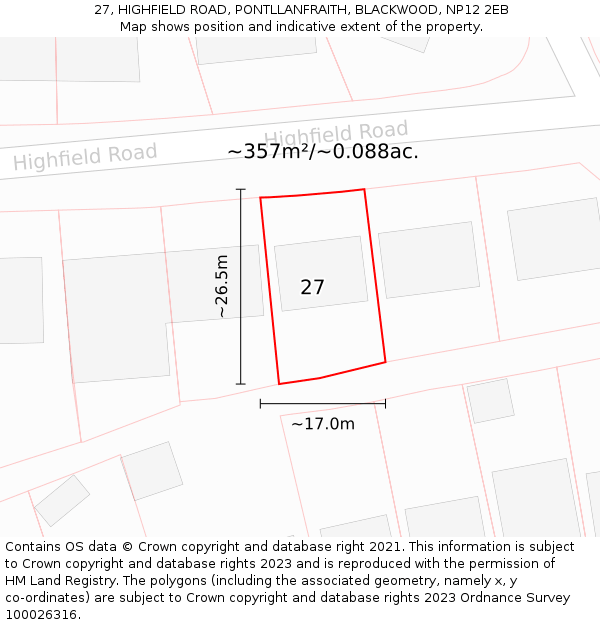 27, HIGHFIELD ROAD, PONTLLANFRAITH, BLACKWOOD, NP12 2EB: Plot and title map