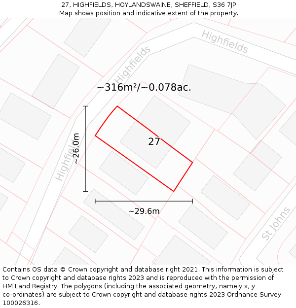 27, HIGHFIELDS, HOYLANDSWAINE, SHEFFIELD, S36 7JP: Plot and title map