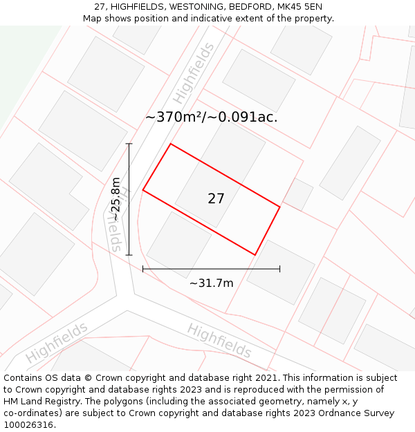 27, HIGHFIELDS, WESTONING, BEDFORD, MK45 5EN: Plot and title map