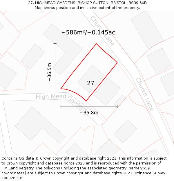 27, HIGHMEAD GARDENS, BISHOP SUTTON, BRISTOL, BS39 5XB: Plot and title map