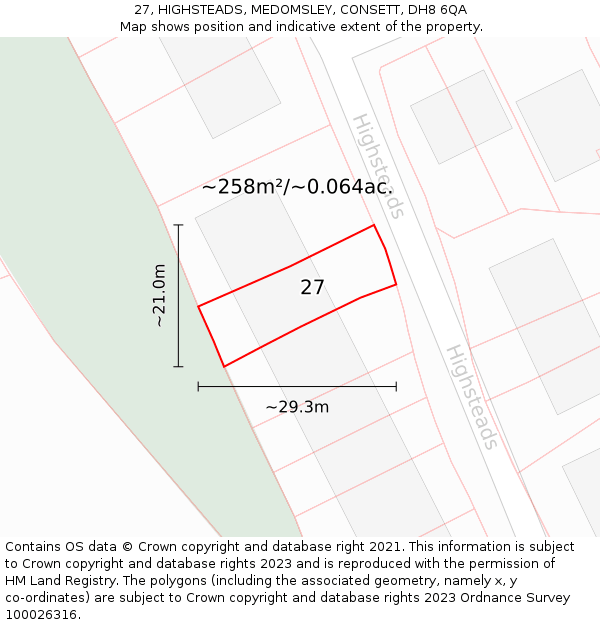 27, HIGHSTEADS, MEDOMSLEY, CONSETT, DH8 6QA: Plot and title map