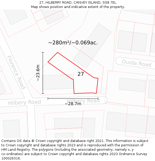27, HILBERRY ROAD, CANVEY ISLAND, SS8 7EL: Plot and title map