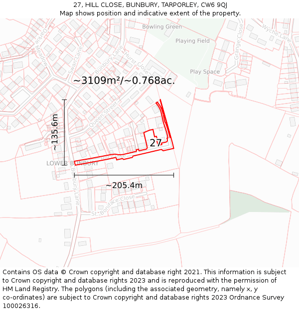 27, HILL CLOSE, BUNBURY, TARPORLEY, CW6 9QJ: Plot and title map