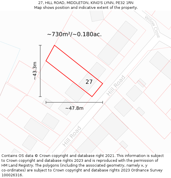 27, HILL ROAD, MIDDLETON, KING'S LYNN, PE32 1RN: Plot and title map