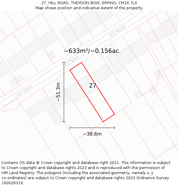 27, HILL ROAD, THEYDON BOIS, EPPING, CM16 7LX: Plot and title map