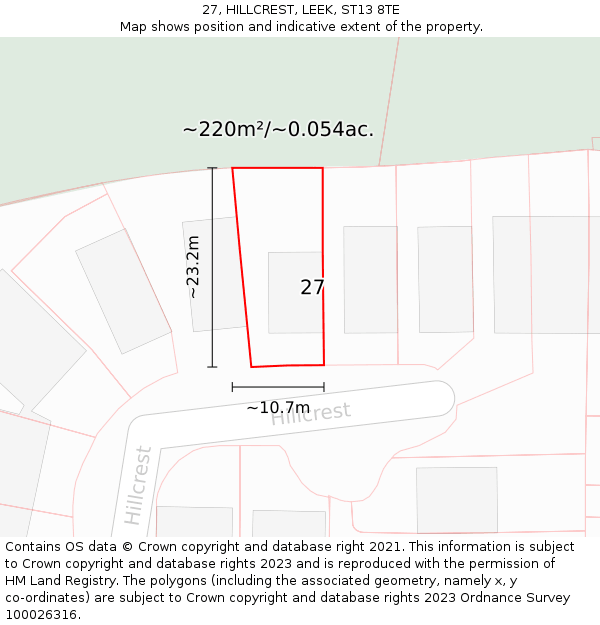 27, HILLCREST, LEEK, ST13 8TE: Plot and title map