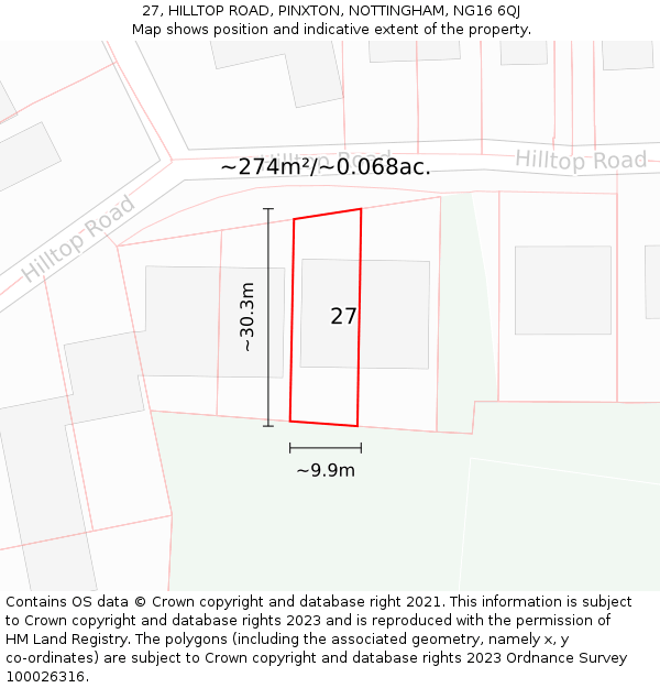 27, HILLTOP ROAD, PINXTON, NOTTINGHAM, NG16 6QJ: Plot and title map