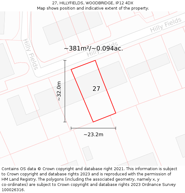 27, HILLYFIELDS, WOODBRIDGE, IP12 4DX: Plot and title map