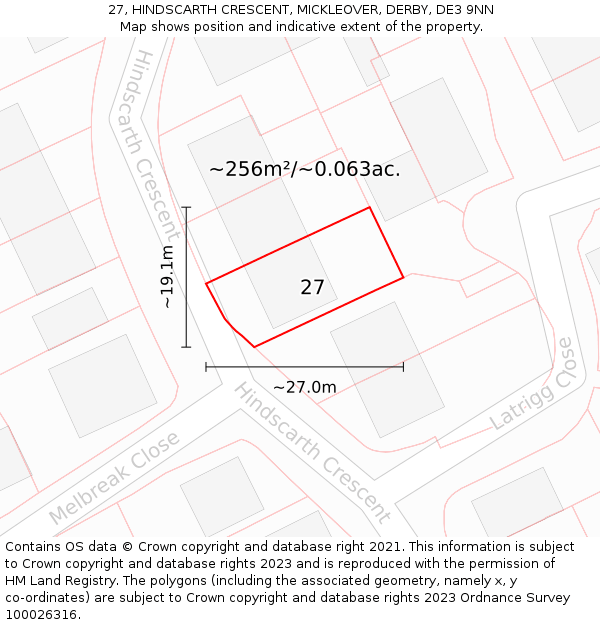 27, HINDSCARTH CRESCENT, MICKLEOVER, DERBY, DE3 9NN: Plot and title map