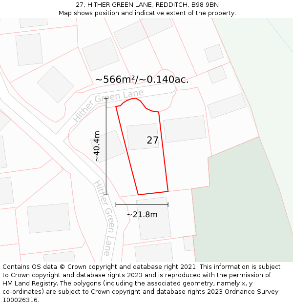 27, HITHER GREEN LANE, REDDITCH, B98 9BN: Plot and title map