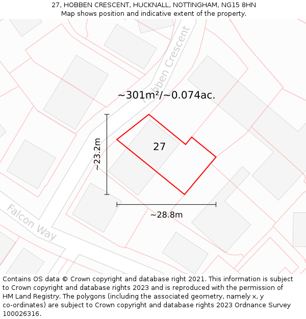 27, HOBBEN CRESCENT, HUCKNALL, NOTTINGHAM, NG15 8HN: Plot and title map