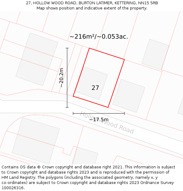 27, HOLLOW WOOD ROAD, BURTON LATIMER, KETTERING, NN15 5RB: Plot and title map