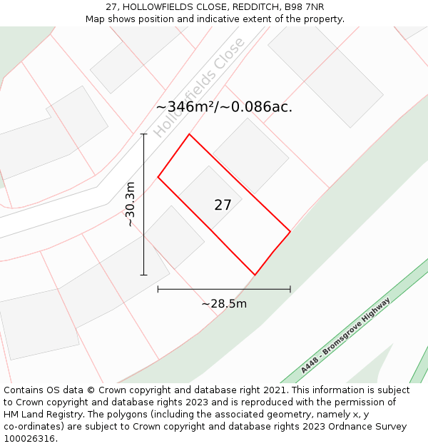 27, HOLLOWFIELDS CLOSE, REDDITCH, B98 7NR: Plot and title map