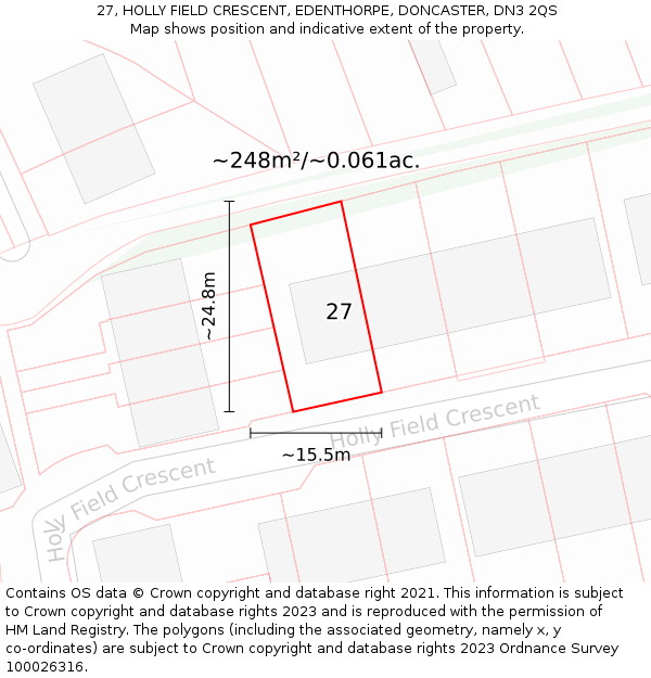 27, HOLLY FIELD CRESCENT, EDENTHORPE, DONCASTER, DN3 2QS: Plot and title map