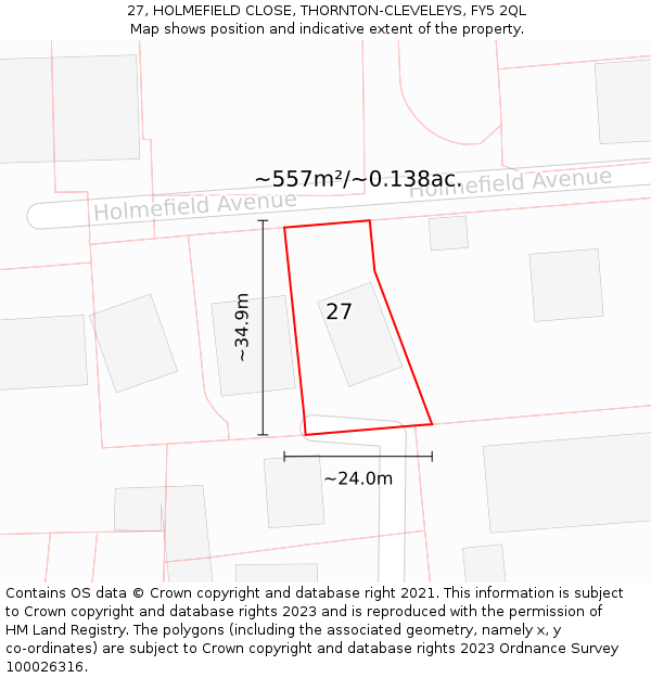 27, HOLMEFIELD CLOSE, THORNTON-CLEVELEYS, FY5 2QL: Plot and title map