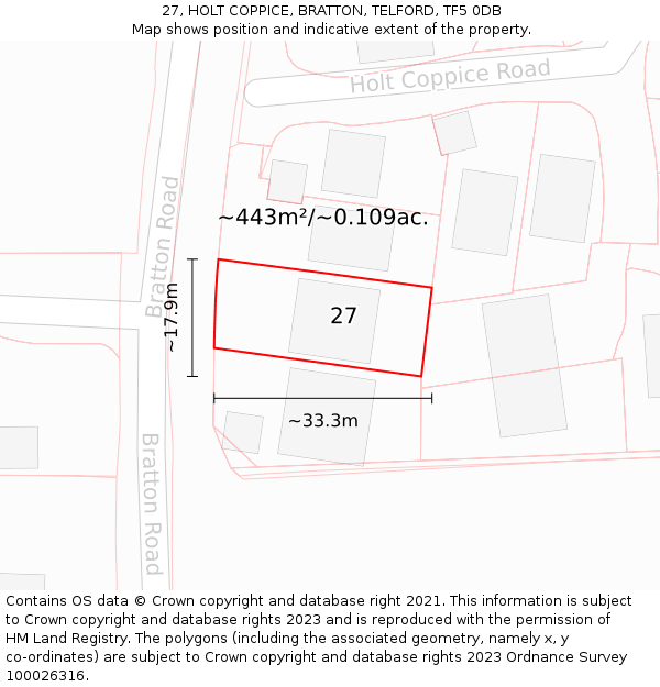 27, HOLT COPPICE, BRATTON, TELFORD, TF5 0DB: Plot and title map