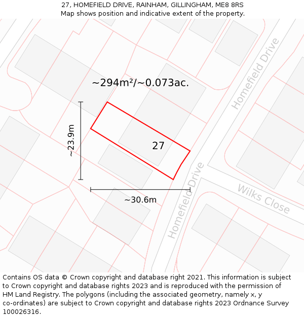 27, HOMEFIELD DRIVE, RAINHAM, GILLINGHAM, ME8 8RS: Plot and title map