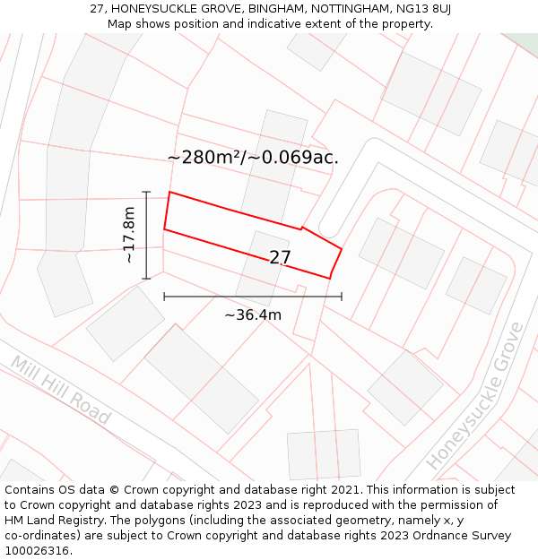 27, HONEYSUCKLE GROVE, BINGHAM, NOTTINGHAM, NG13 8UJ: Plot and title map