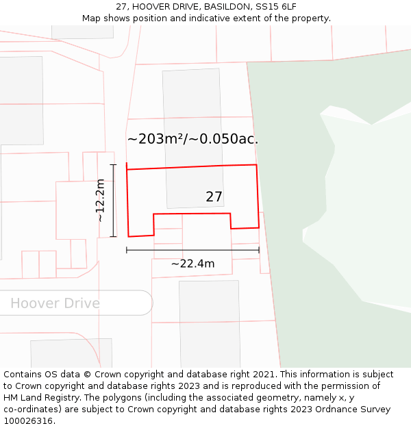 27, HOOVER DRIVE, BASILDON, SS15 6LF: Plot and title map