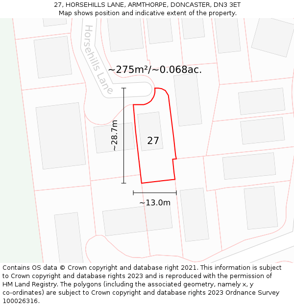 27, HORSEHILLS LANE, ARMTHORPE, DONCASTER, DN3 3ET: Plot and title map