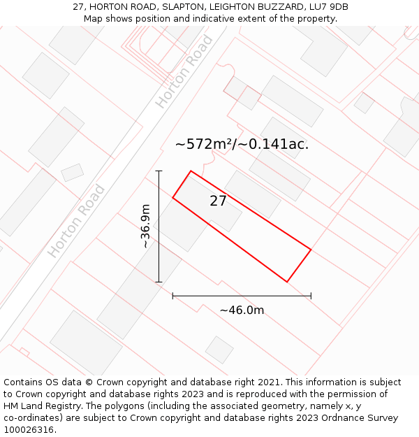 27, HORTON ROAD, SLAPTON, LEIGHTON BUZZARD, LU7 9DB: Plot and title map