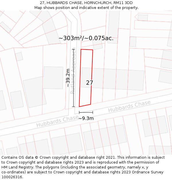 27, HUBBARDS CHASE, HORNCHURCH, RM11 3DD: Plot and title map