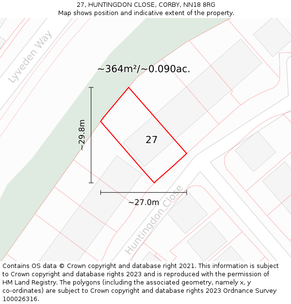 27, HUNTINGDON CLOSE, CORBY, NN18 8RG: Plot and title map