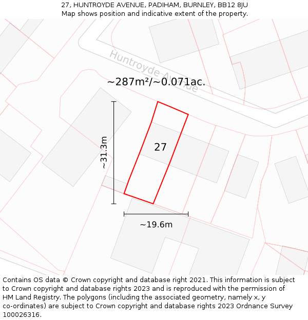 27, HUNTROYDE AVENUE, PADIHAM, BURNLEY, BB12 8JU: Plot and title map