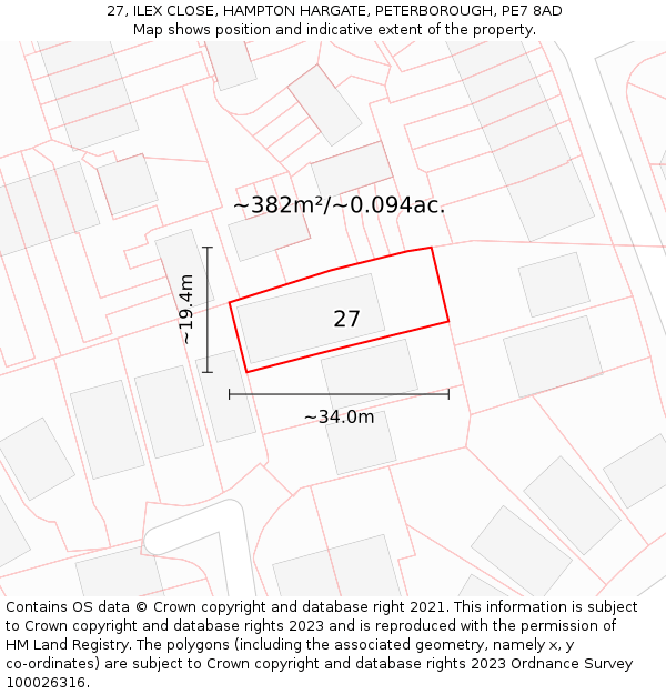 27, ILEX CLOSE, HAMPTON HARGATE, PETERBOROUGH, PE7 8AD: Plot and title map