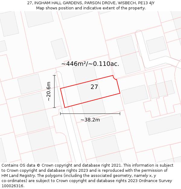 27, INGHAM HALL GARDENS, PARSON DROVE, WISBECH, PE13 4JY: Plot and title map