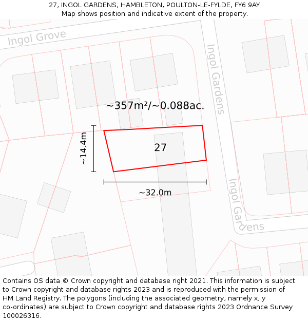 27, INGOL GARDENS, HAMBLETON, POULTON-LE-FYLDE, FY6 9AY: Plot and title map
