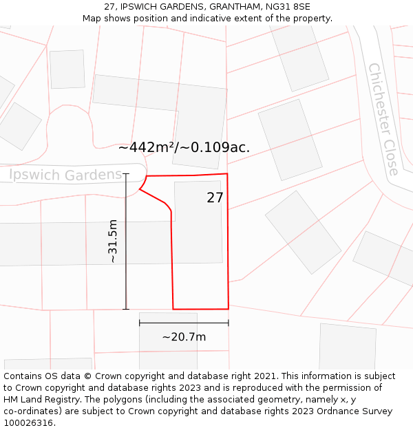27, IPSWICH GARDENS, GRANTHAM, NG31 8SE: Plot and title map