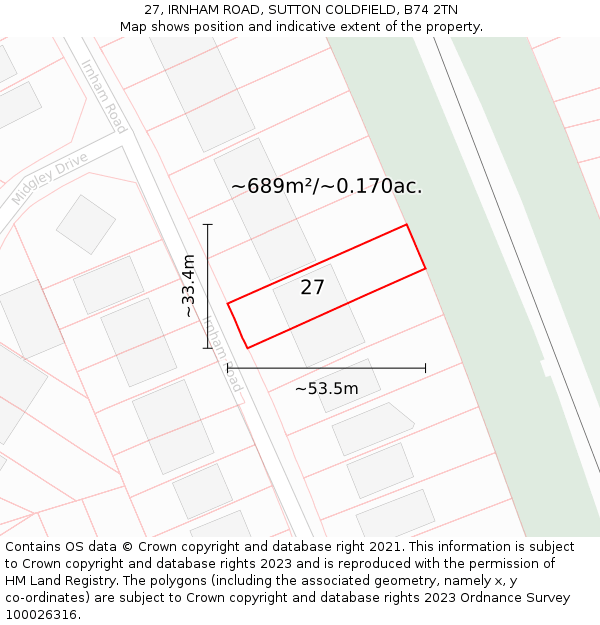 27, IRNHAM ROAD, SUTTON COLDFIELD, B74 2TN: Plot and title map