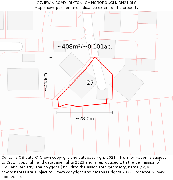 27, IRWIN ROAD, BLYTON, GAINSBOROUGH, DN21 3LS: Plot and title map