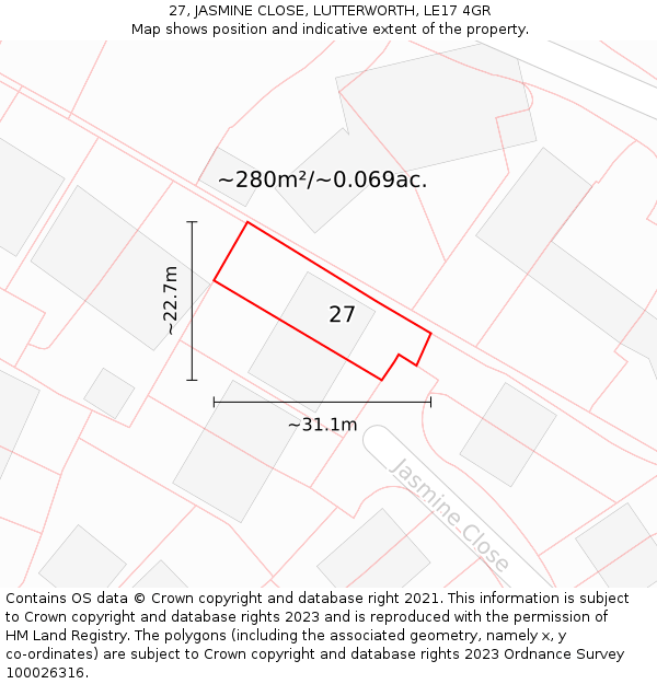 27, JASMINE CLOSE, LUTTERWORTH, LE17 4GR: Plot and title map
