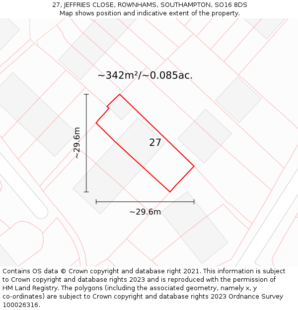 27, JEFFRIES CLOSE, ROWNHAMS, SOUTHAMPTON, SO16 8DS: Plot and title map
