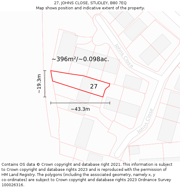 27, JOHNS CLOSE, STUDLEY, B80 7EQ: Plot and title map