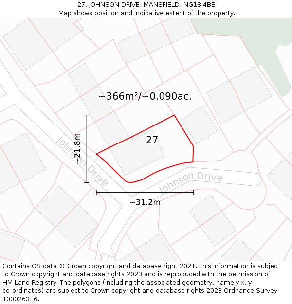 27, JOHNSON DRIVE, MANSFIELD, NG18 4BB: Plot and title map