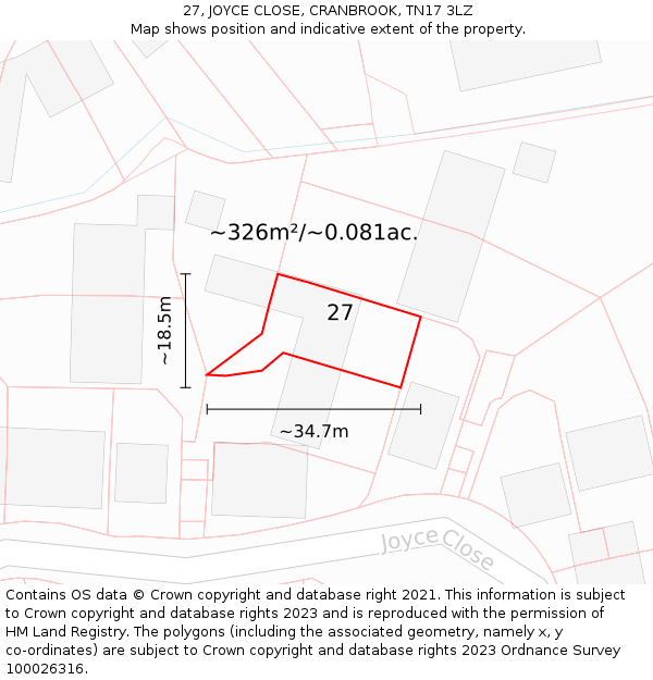 27, JOYCE CLOSE, CRANBROOK, TN17 3LZ: Plot and title map